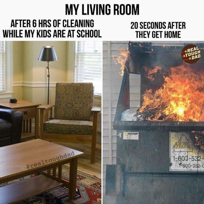 Clean living room after hours of tidying, contrasted with chaotic scene moments after kids arrive, illustrating relatable parenting memes.