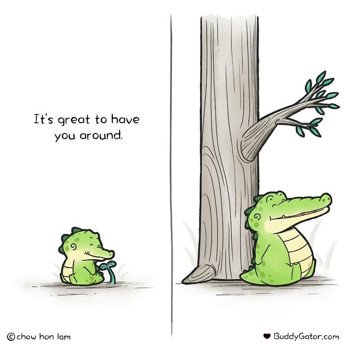 Cute comic of adorable animals featuring a small and large alligator sharing a warm, positive moment next to a tree.
