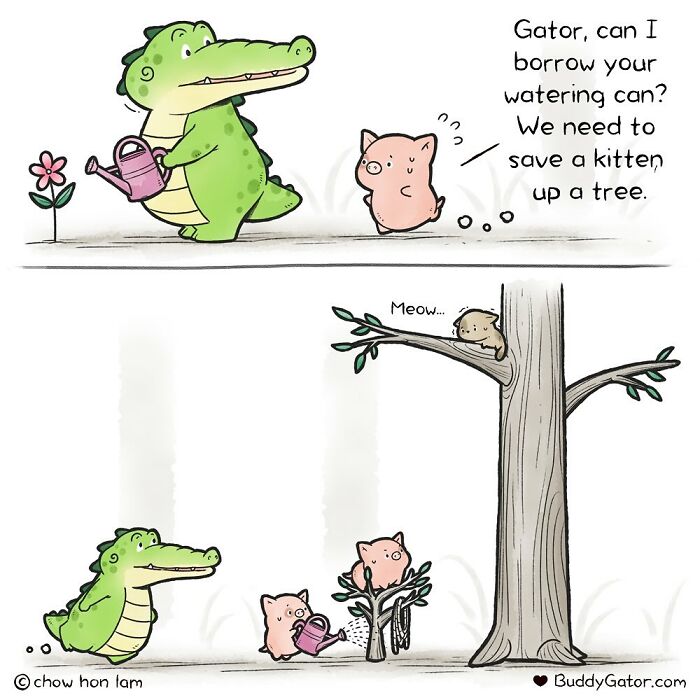 Adorable animal comics featuring a friendly gator and piglets working together to help a kitten in a tree.