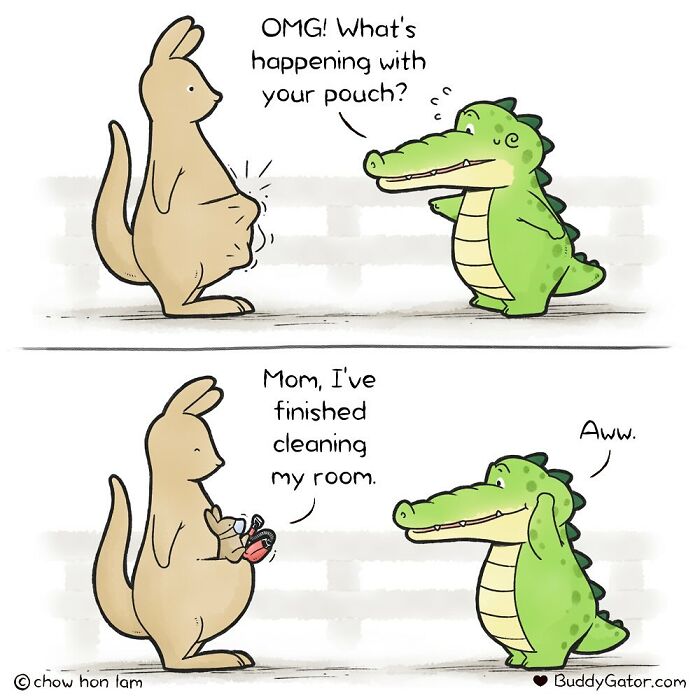 Comic of adorable animals featuring a kangaroo and alligator teaching good example of responsibility and care.