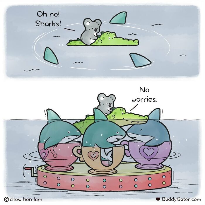 Comic panel with adorable animals including a koala, alligator, and sharks illustrating cute animal comics by Buddy Gator.