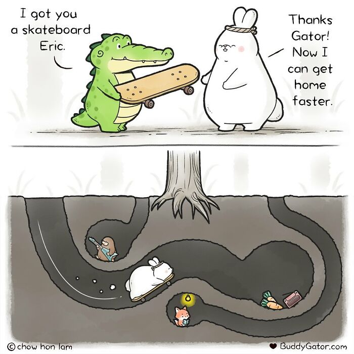 Comic featuring adorable animals with a green gator giving a skateboard to a white bunny in a tunnel.