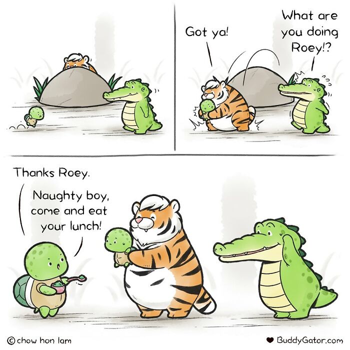 Cute animal comic with a tiger, turtle, and alligator showing a sweet lunch moment from Buddy Gator comics.