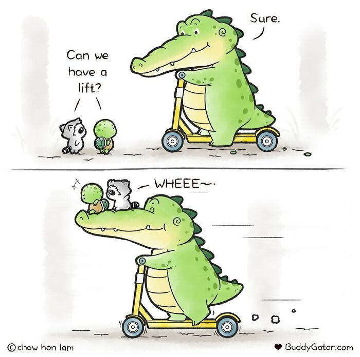 Comic of adorable animals by Buddy Gator: alligator gives a lift to a turtle and raccoon on a scooter ride.