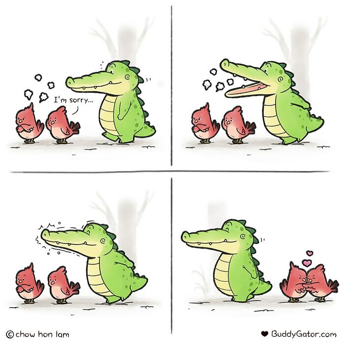 Comic panels showing adorable animals, a friendly alligator and two birds, illustrating kindness and friendship.