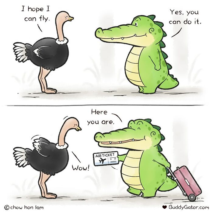 Cartoon of adorable animals showing kindness, featuring an ostrich and a supportive alligator from Buddy Gator comics.