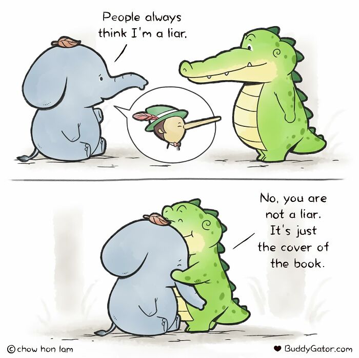 Comic featuring adorable animals, an elephant and a gator, sharing a kind and honest moment about trust and perception.