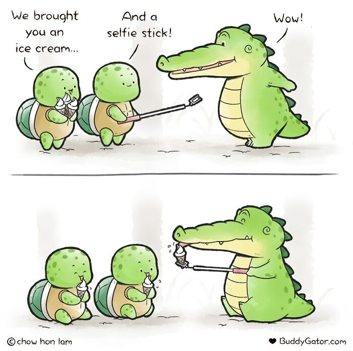 Cute comic featuring adorable animals sharing ice cream and selfies, illustrating good examples from Buddy Gator comics.
