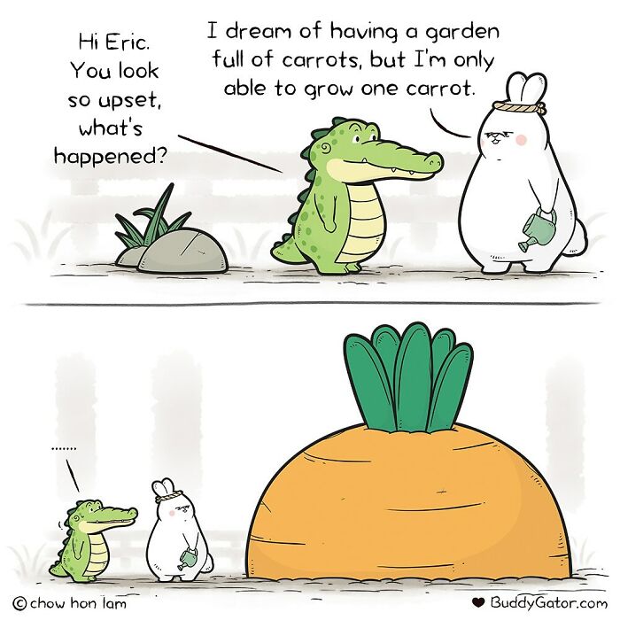 Comic of adorable animals, featuring a sad alligator and a bunny with a giant carrot, illustrating a cute life lesson.