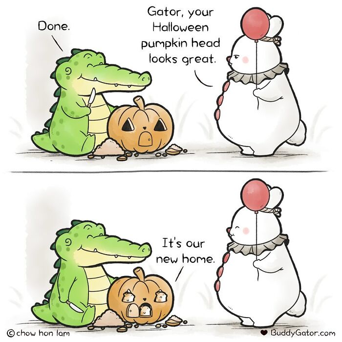 Cartoon adorable animals with a gator and bear, featuring Halloween pumpkin and heartwarming friendship in comics.