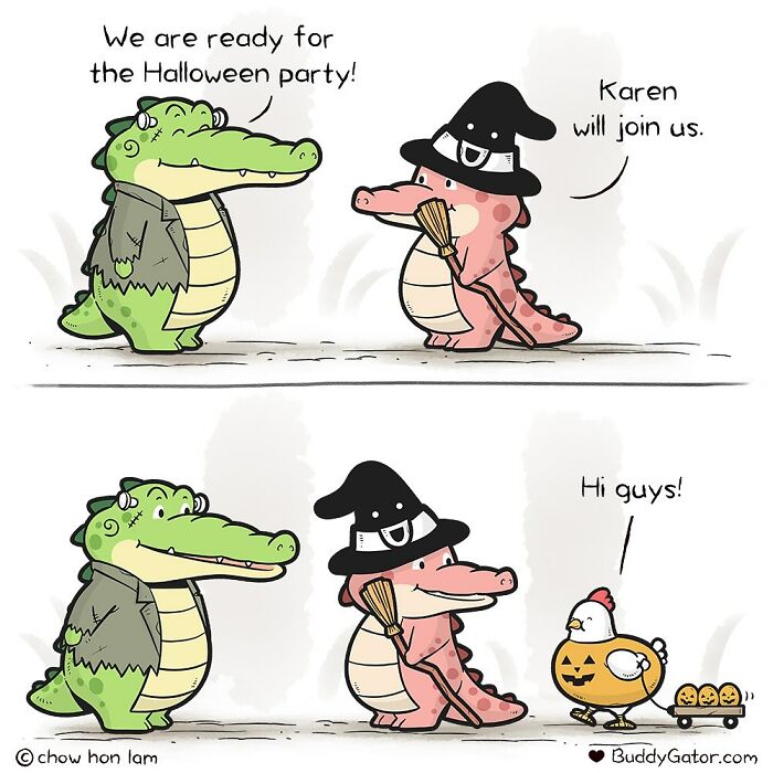 Two adorable animal comics by Buddy Gator showing cute Halloween costumes and friendly animal characters.