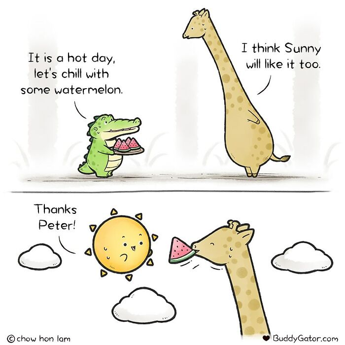 Cute comic of adorable animals sharing watermelon on a hot day, showcasing positive examples from Buddy Gator.