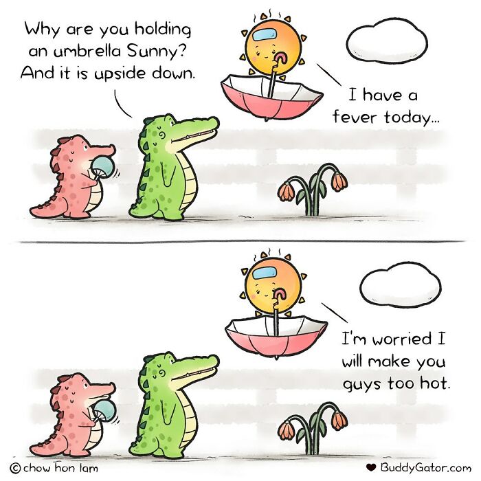 Two adorable cartoon alligators talk to a sick sun holding an upside-down umbrella in a comic about adorable animals.