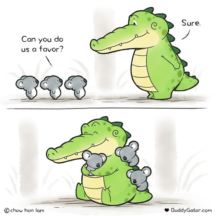 Comic of adorable animals showing kindness, featuring a friendly alligator and grateful koalas from Buddy Gator comics.