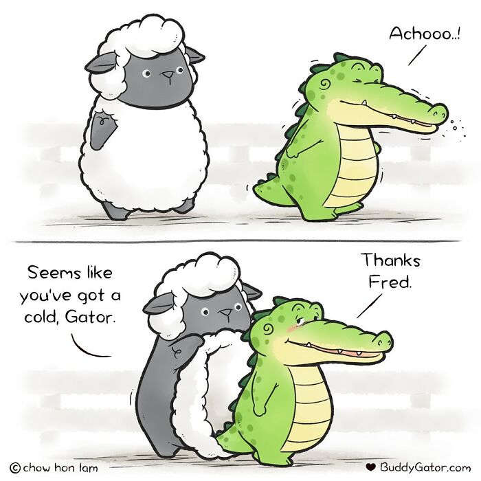 Comic strip featuring adorable animals, a sheep and a green alligator, illustrating kindness and good examples for humans.