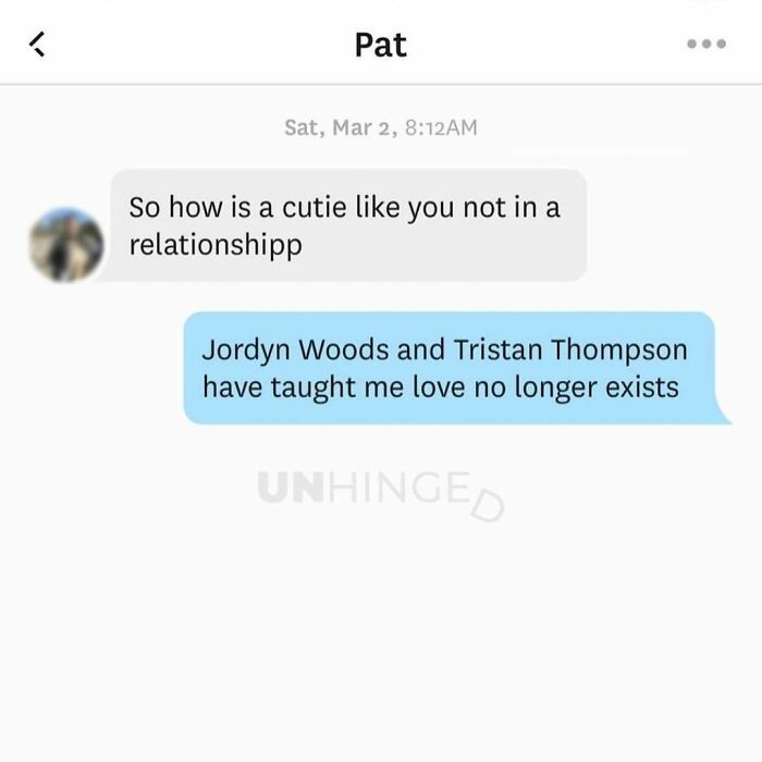 Funny dating app conversation about love and relationships, showcasing unhinged people from dating apps.