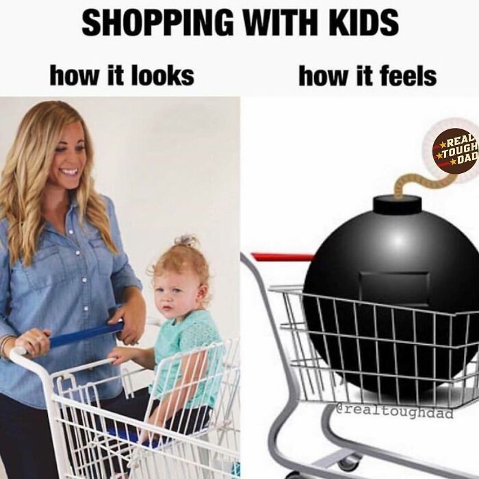 Woman smiling with child in shopping cart on left, and shopping cart with b**b on right showing relatable parenting meme feelings.