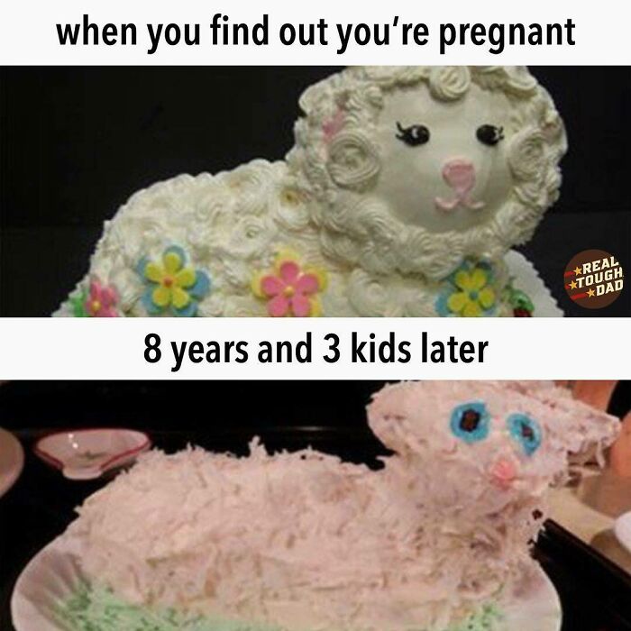 Relatable parenting meme comparing a neat lamb cake at pregnancy news to a messy cake 8 years and 3 kids later.