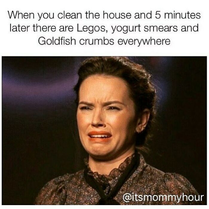 Frustrated woman reacting to cleaning mess with Legos, yogurt smears, and Goldfish crumbs in relatable parenting memes.