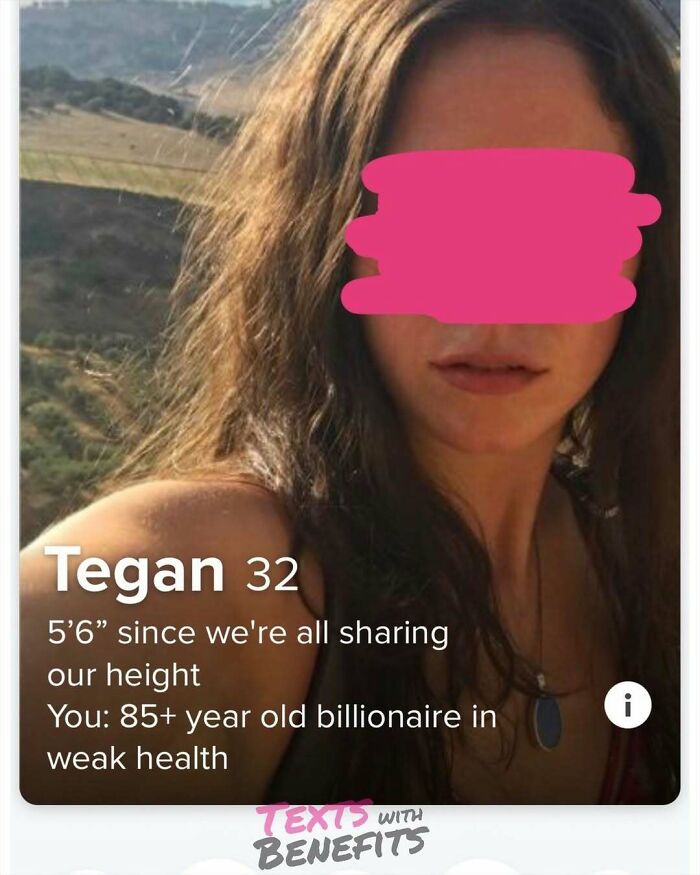 Woman with long brown hair in an outdoor setting, featuring a dating profile highlighting unhinged tweets about dating reality.