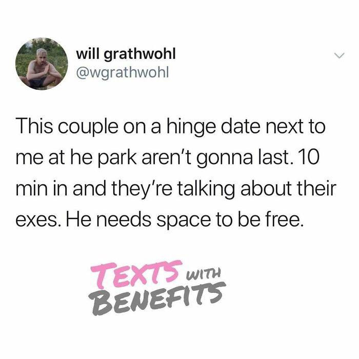Tweet about a hinge date failing as they discuss exes early, illustrating perfectly unhinged tweets about dating humor.