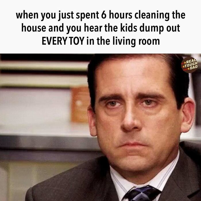 Man with a frustrated expression illustrating relatable parenting memes about kids dumping toys after cleaning the house.