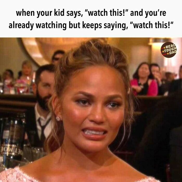 A woman making a nervous face with text about a kid repeatedly saying watch this in relatable parenting memes.