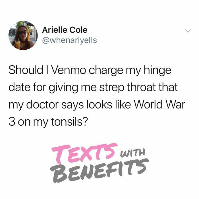 Tweet about dating woes mentioning a hinge date and strep throat, showcasing perfectly unhinged dating humor.