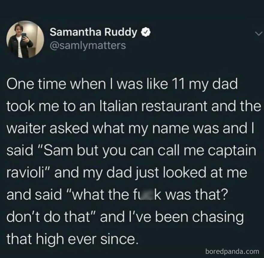 Tweet about a dad’s funny reaction to a silly joke at an Italian restaurant, highlighting relatable dad humor memes.