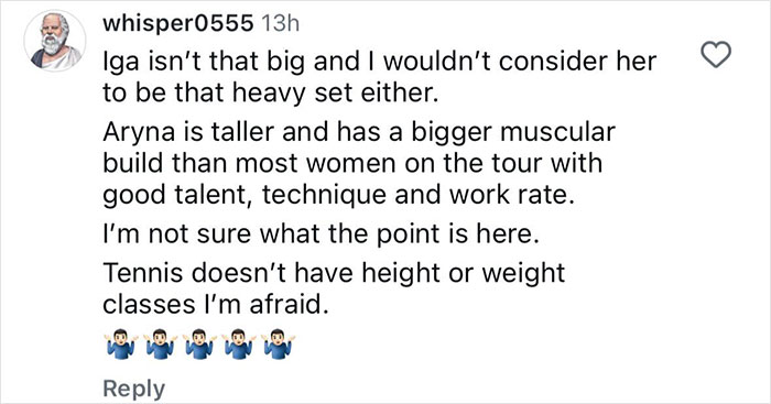 Alt text: Social media comment debating muscular build and talent of women tennis stars amid testosterone remark controversy.