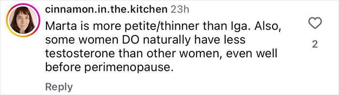 Comment discussing testosterone differences among female tennis stars amid rivalry controversy online.