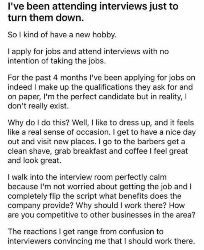 Work meme about attending job interviews with no intention to accept, highlighting relatable work humor on Instagram.