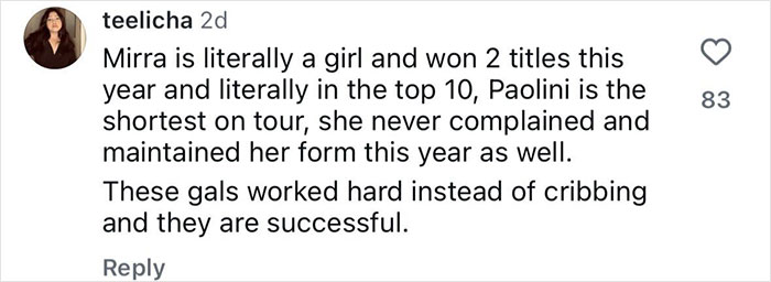 Screenshot of a social media comment defending tennis players amid controversy over testosterone remark and rival&rsquo;s bikini response.