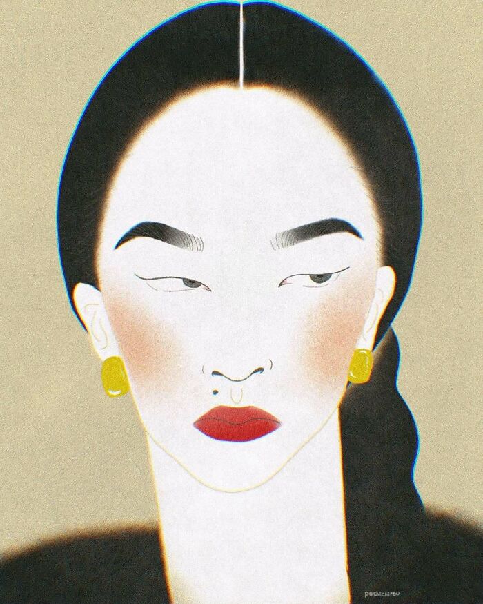 Minimalist portrait of a woman blending traditional Japanese painting styles with modern artistic elements.