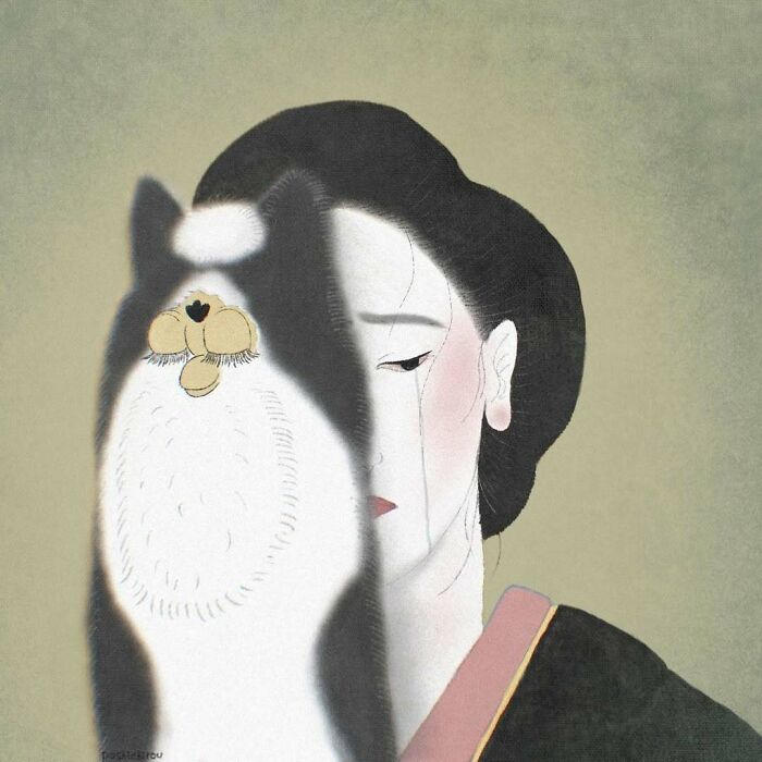 Japanese artist painting showing traditional style portrait of a woman partially obscured by a black and white cat.