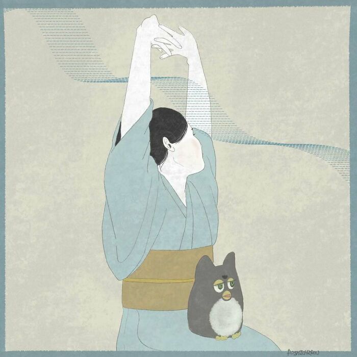 Minimalist Japanese artwork of a person in traditional clothing stretching, accompanied by a small, fluffy creature.