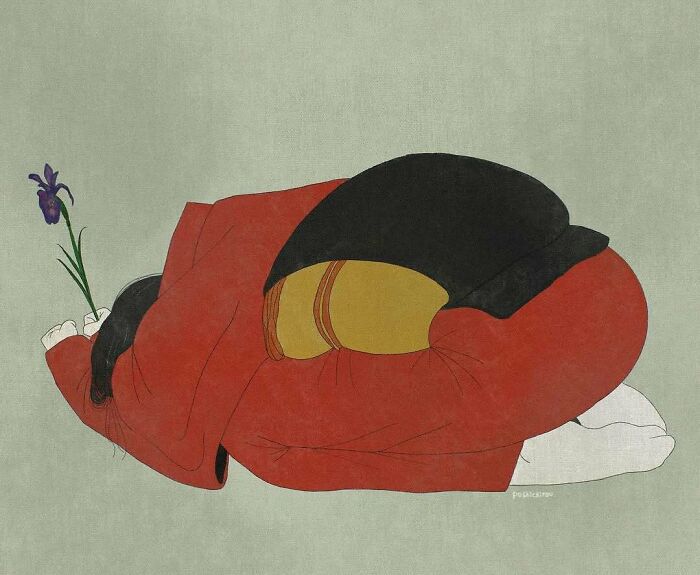 Japanese artist's traditional painting style shown in a modern artwork of a figure in red with a purple flower.