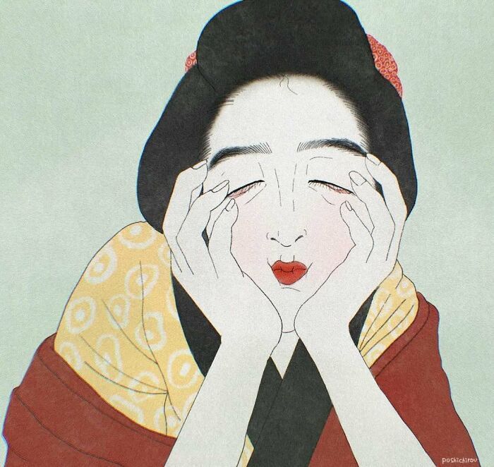 Japanese traditional painting style artwork of a woman resting her face in her hands with red lips and patterned clothing.
