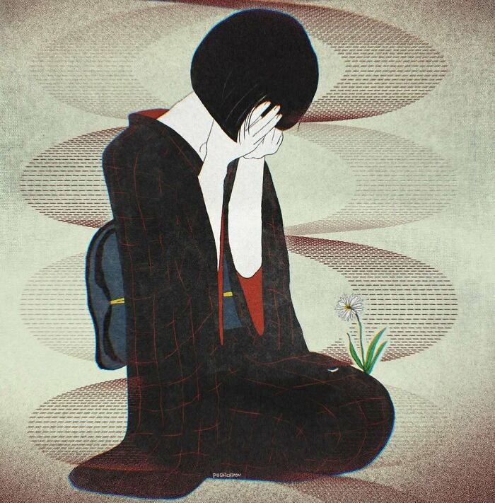 Japanese artist modern painting style artwork showing a person in traditional attire with a flower in a stylized setting