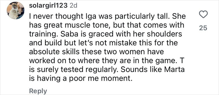 Comment discussing muscle tone and training in a tennis star&rsquo;s testosterone remark amid rival&rsquo;s bikini pics uproar.