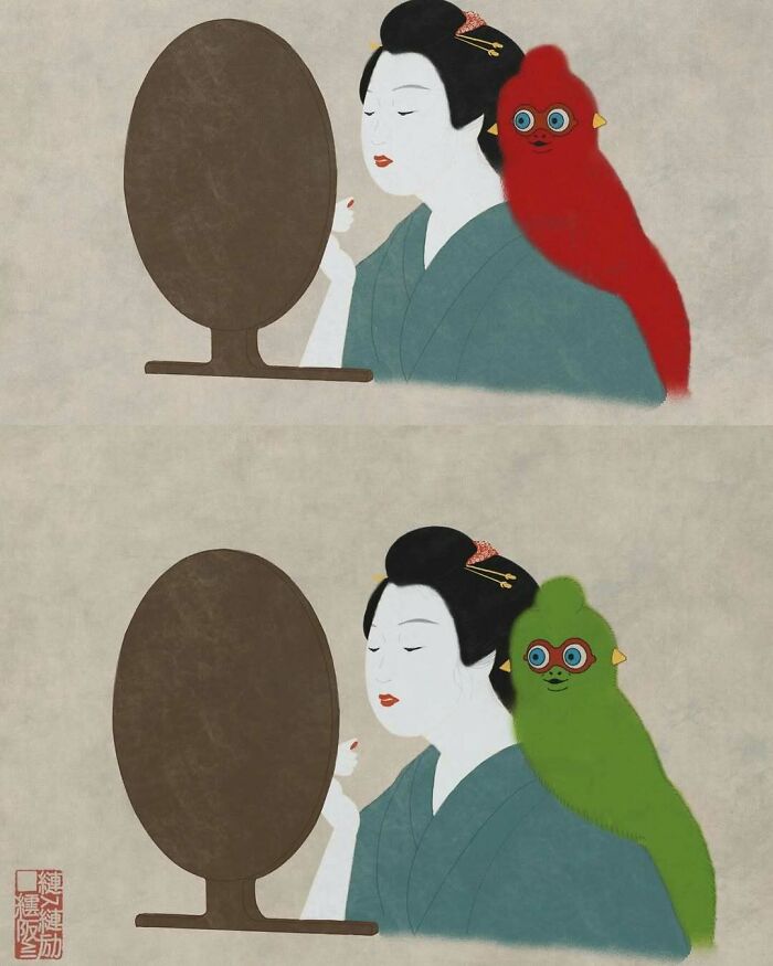 Traditional Japanese painting style portrait of a woman with colorful parrots, blending classic art with modern creativity.