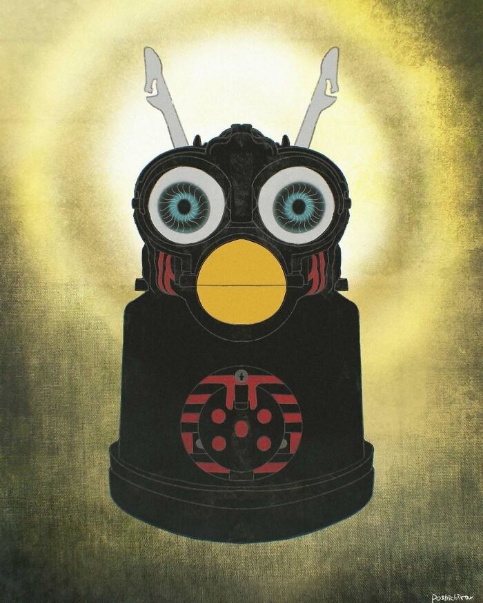 Abstract Japanese traditional style painting of a mechanical owl with large eyes and a glowing background.