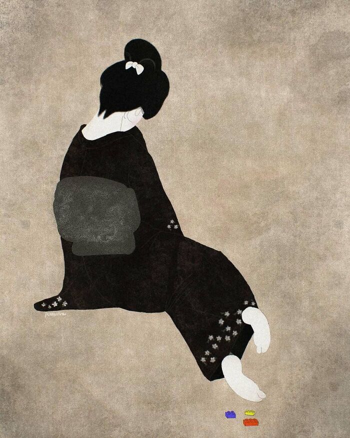 Traditional Japanese painting style artwork depicting a woman in a black kimono with modern minimalist elements.