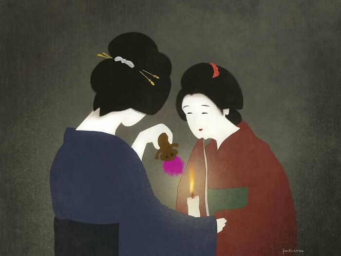 Two women in traditional Japanese clothing depicted in a modern style using traditional painting techniques.