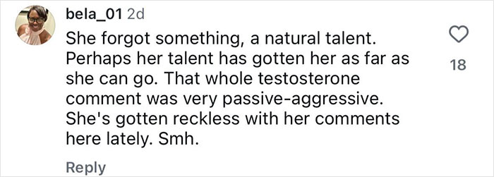 Social media comment reacting to tennis star&rsquo;s testosterone remark sparking rivalry and controversy online.