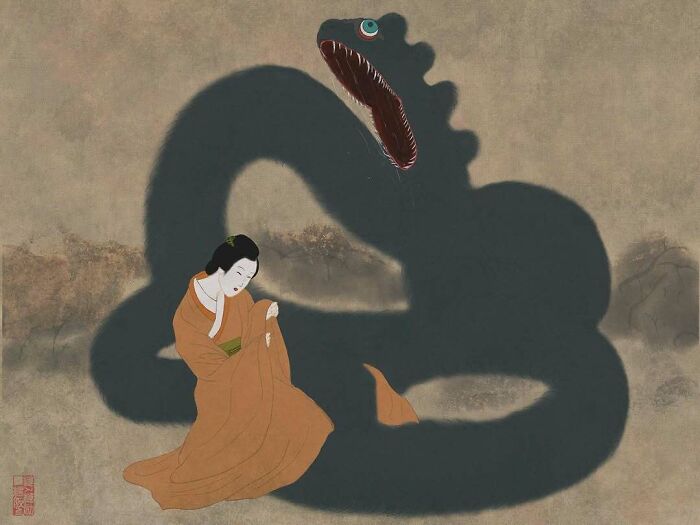 Japanese artist's traditional painting style blending with modern elements, featuring a woman and a large dragon shadow.