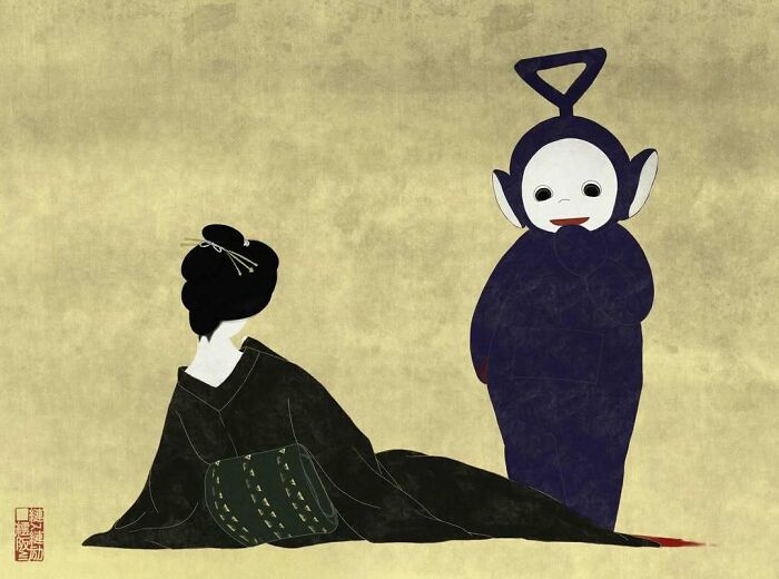 Japanese artist blending traditional painting styles with modern pop culture in a unique and visually striking artwork.