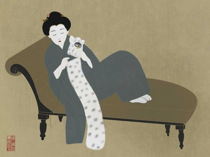 Japanese artist painting in traditional style showing a woman holding a long spotted cat while reclining on a chaise lounge.