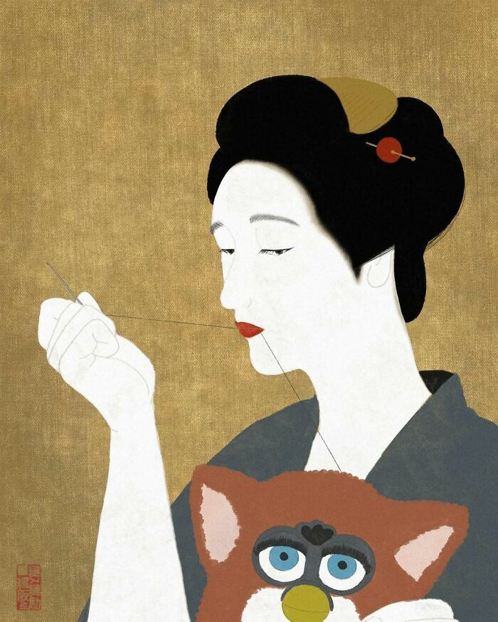 Japanese artist using traditional painting styles showing a woman sewing a plush toy with fine details on gold background