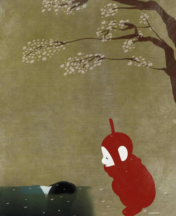 Japanese artist uses traditional painting styles with modern elements showing a red character under a blossoming tree branch.